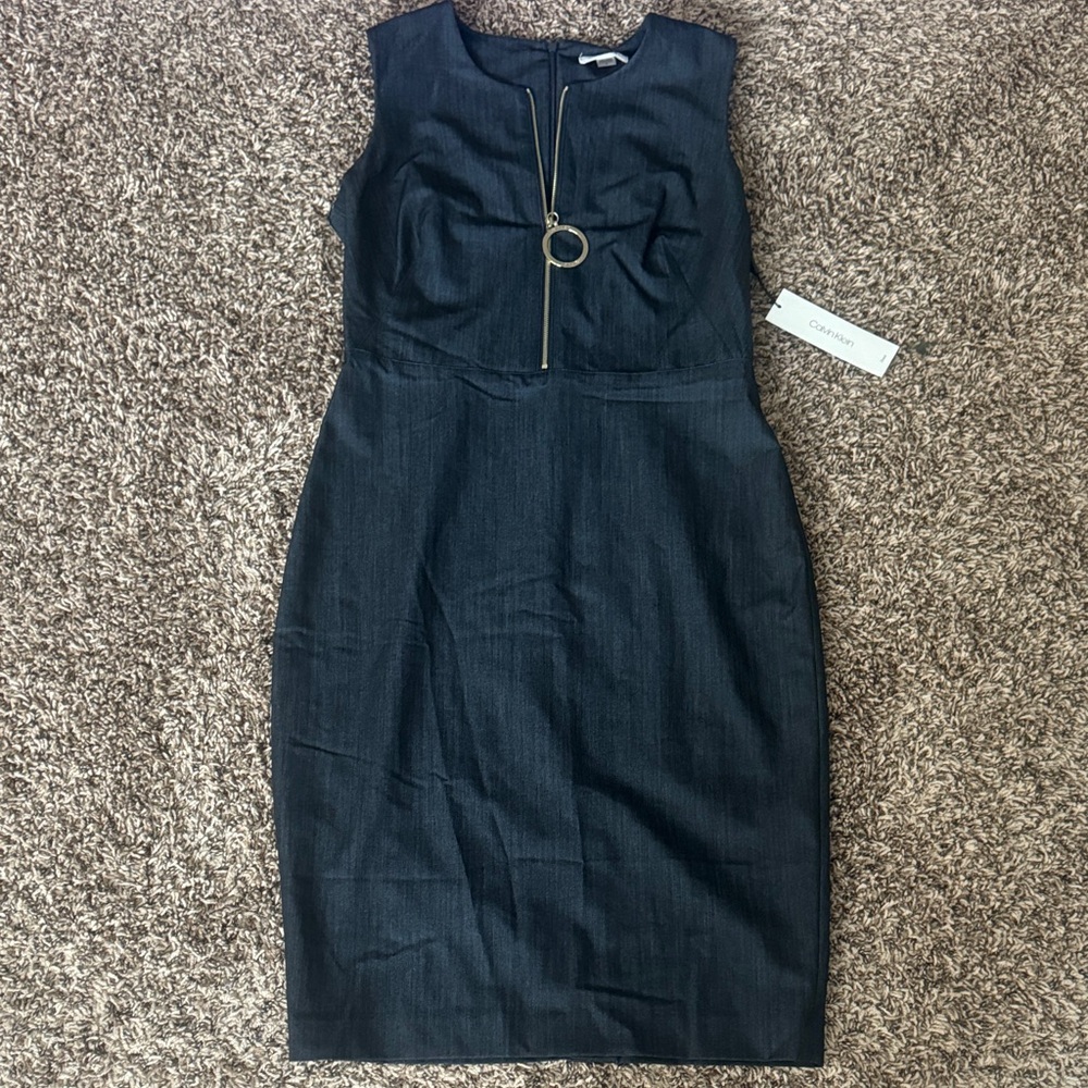 Calvin Klein Navy Midi Dress with Silver Accent